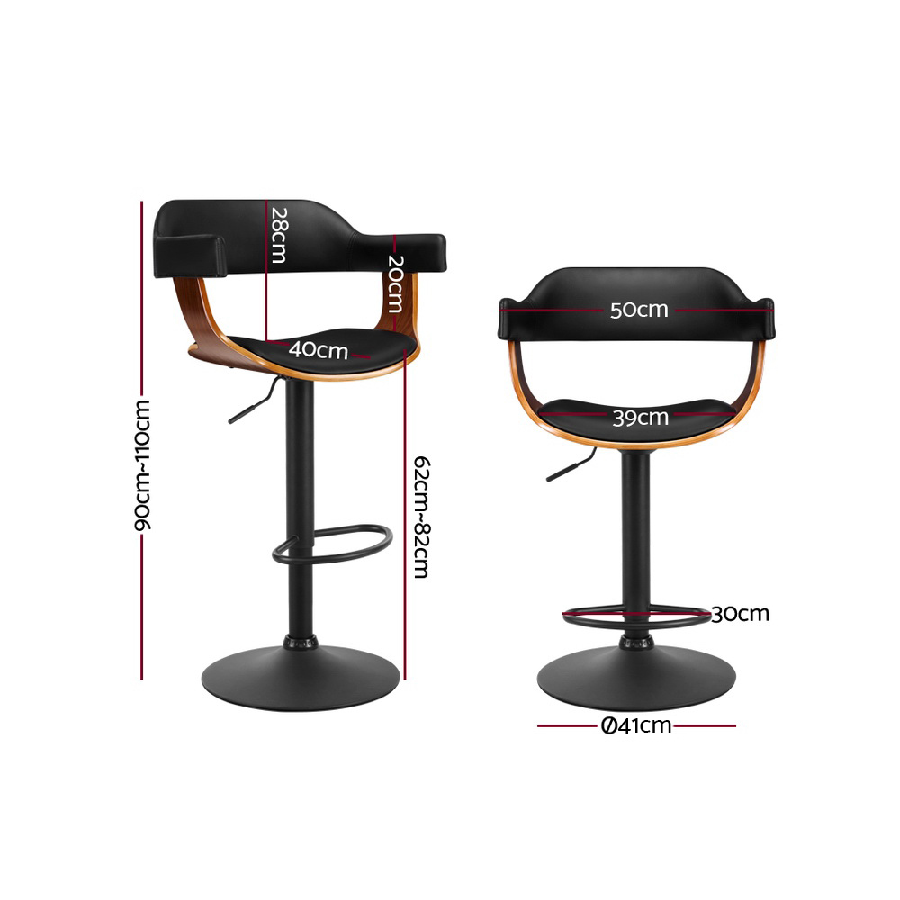 Artiss 2x Bar Stools Gas Lift Leather w/Armrest All Black โ image 2