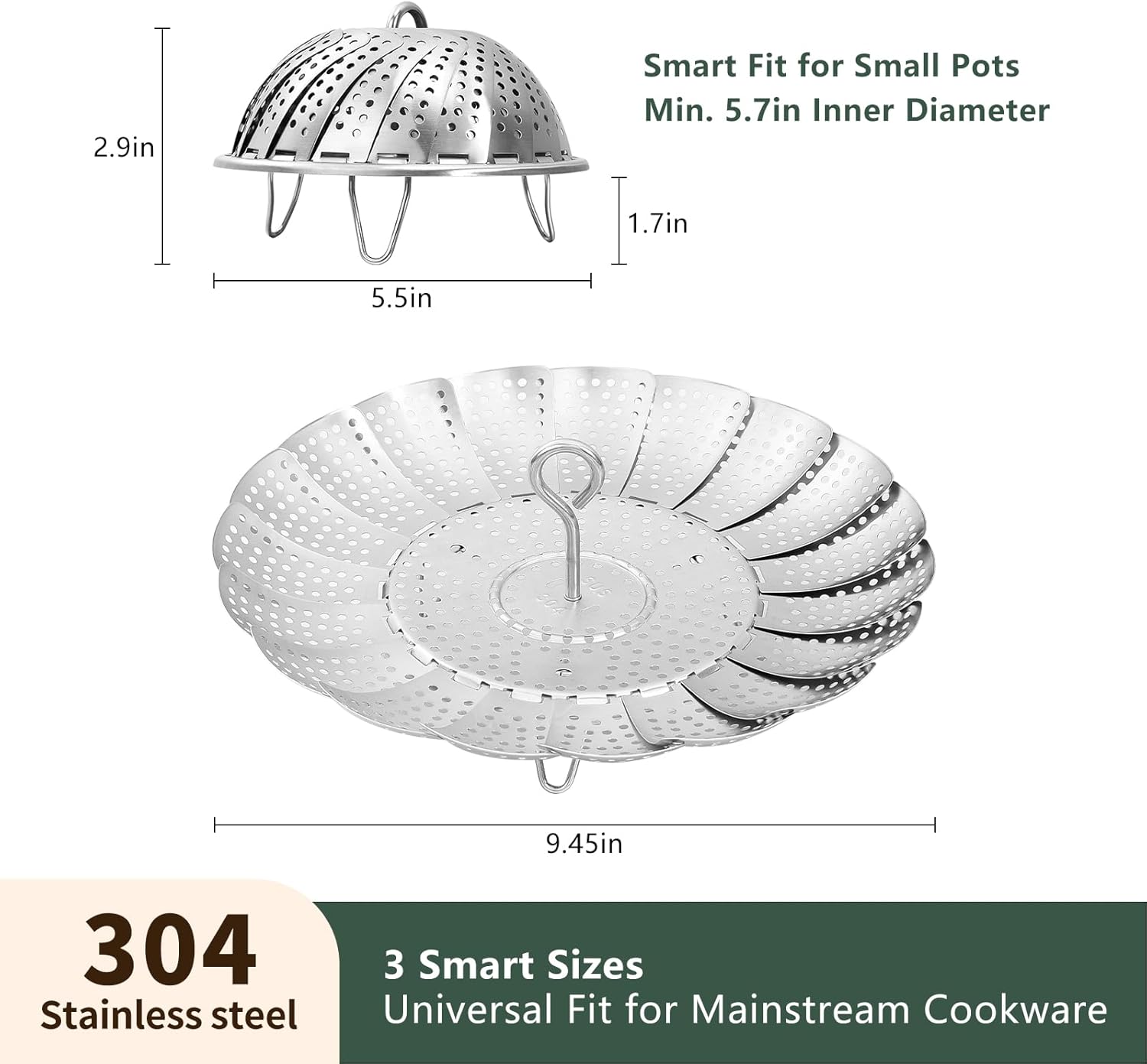 Steamer Basket for Cooking 304 Stainless Steel Entirely Thickened,Collapsible Steamer Insert for Pots, Fits Instant Pot/Skillets (5.5'' To 9.5'') — image 3