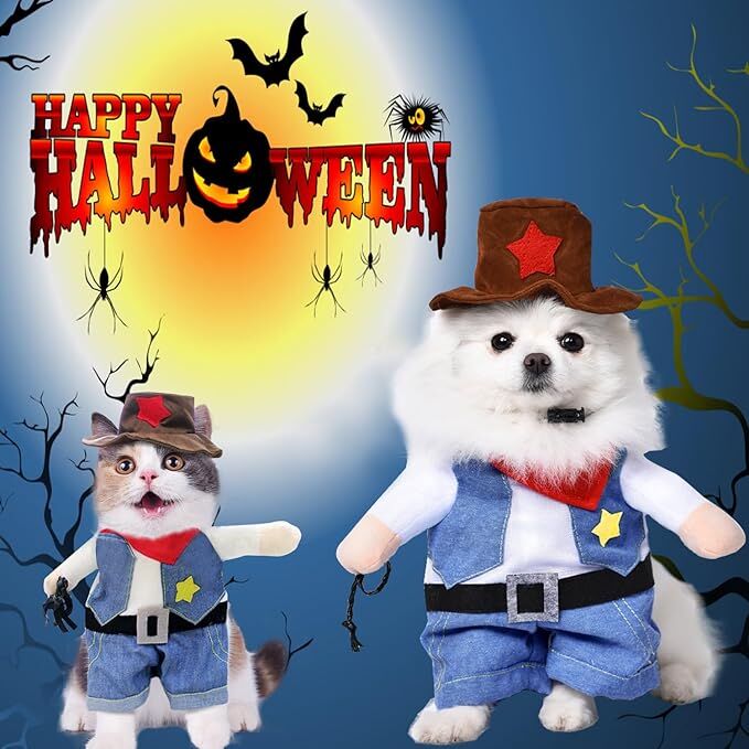 pet products Small Dog Cowboy Costume with Hat 2pcs Funny Halloween Chucky Costumes Cool West Cowboy Uniform Puppy Denim Overalls Western Cosplay โ image 4