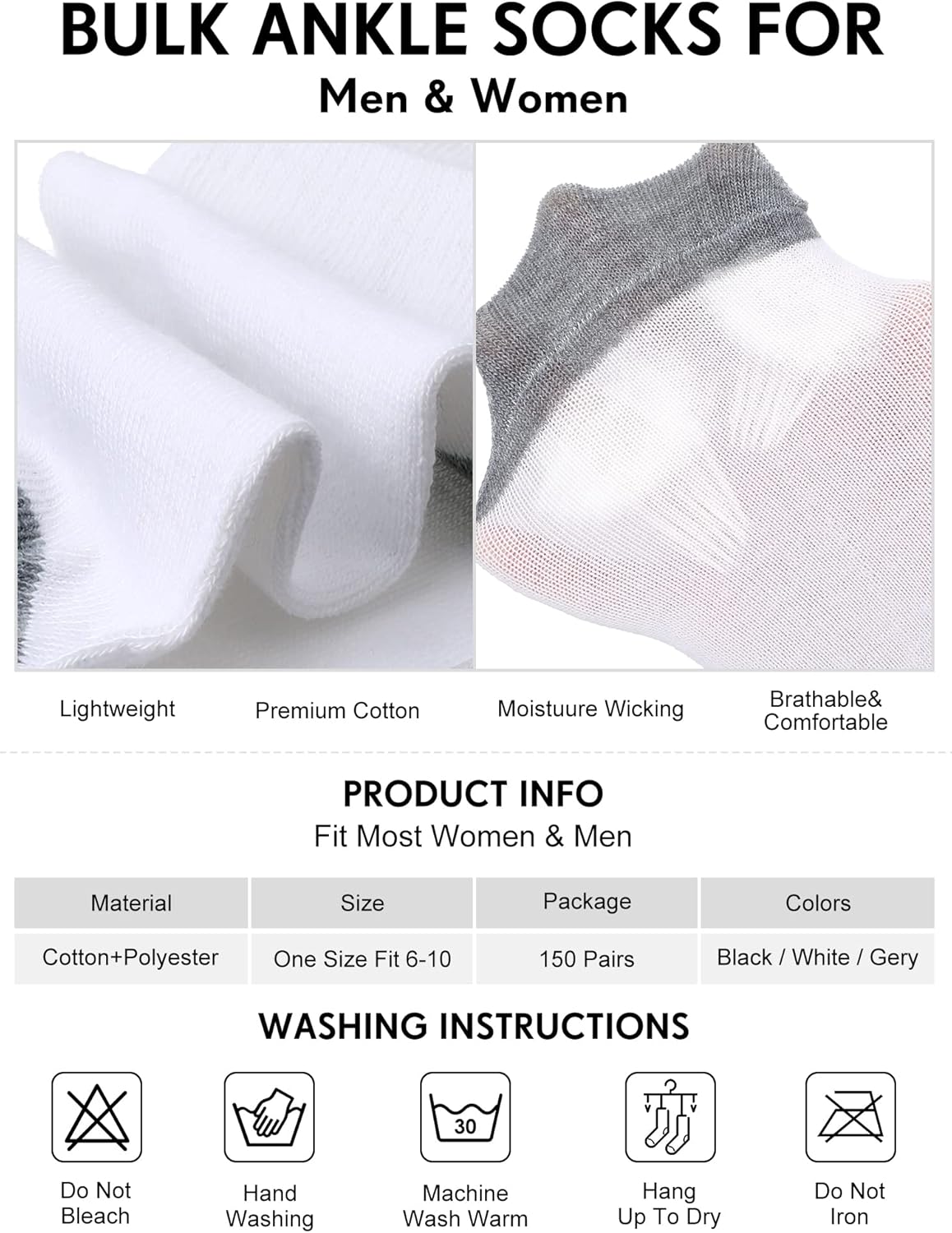 150 Pairs Men's Cushion Ankle Socks Breathable Casual Comfort Men Low Cut Sock for Sports Outdoor Running โ image 3
