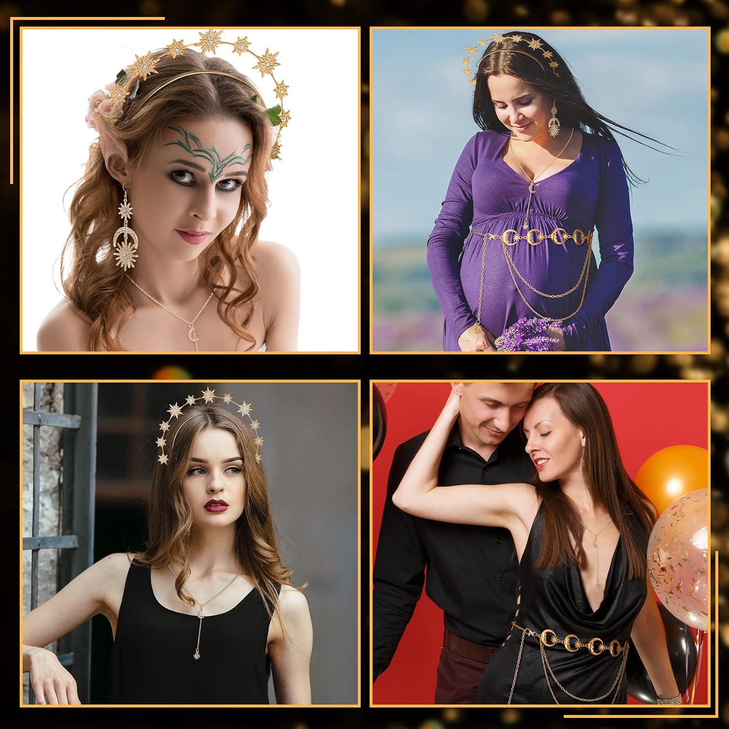 Glenmal 4 Pieces Celestial Jewelry Moon Stars Crown Necklaces and Body Chain Headband Drop Earrings for Women โ image 4
