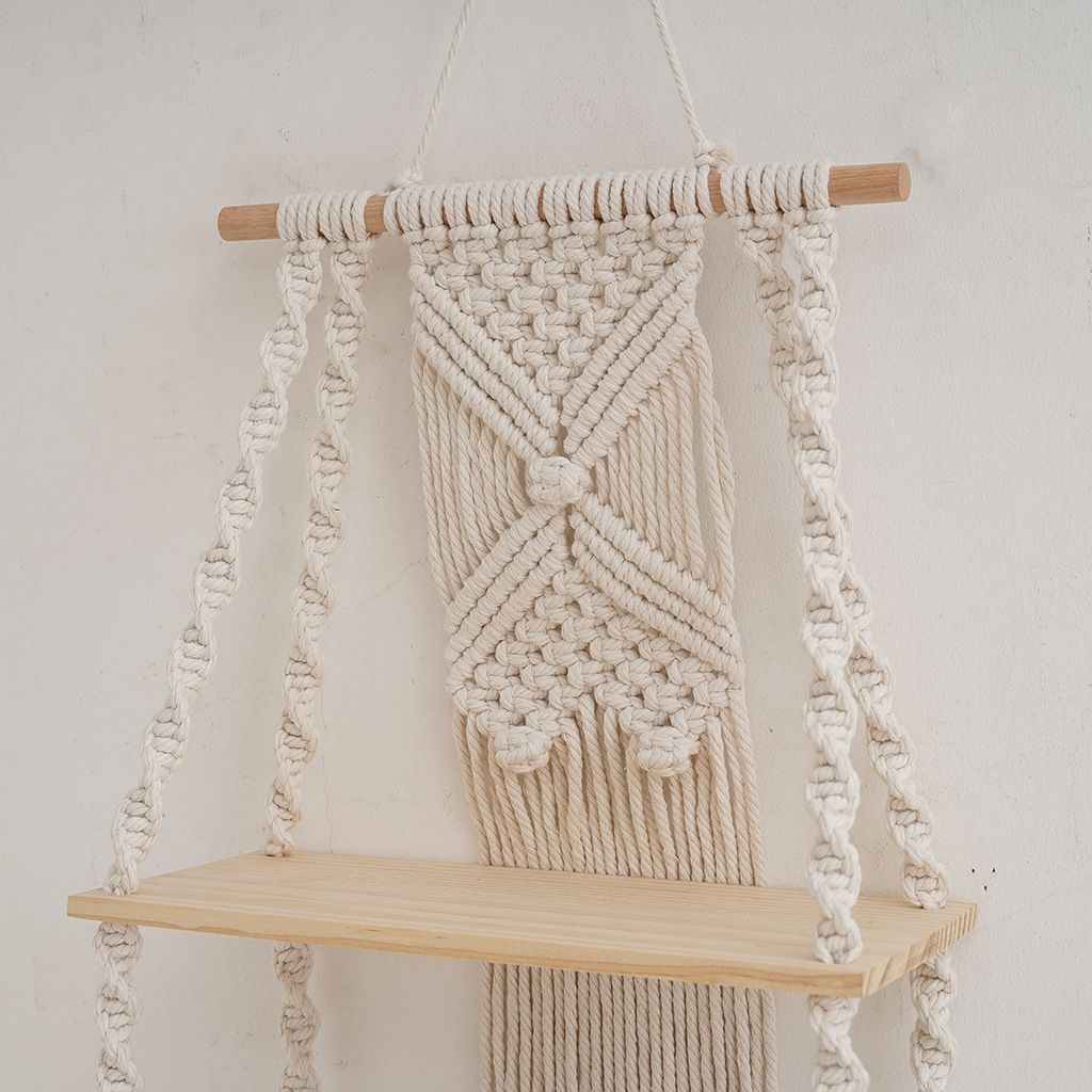 Wall Hanging Shelf Tassel Woven Shelves,Boho Wall Hanging Shelves for Small Plants Photo Frames,Home Living Room Bedroom Balcony Decor (beige) โ image 4
