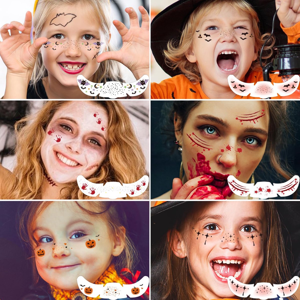 6 pieces - Temporary Face Tattoos - Halloween decoration - Glitter makeup stickers - Self-adhesive Tattoos for Adults - Festival Glitters - Face stickers — image 2