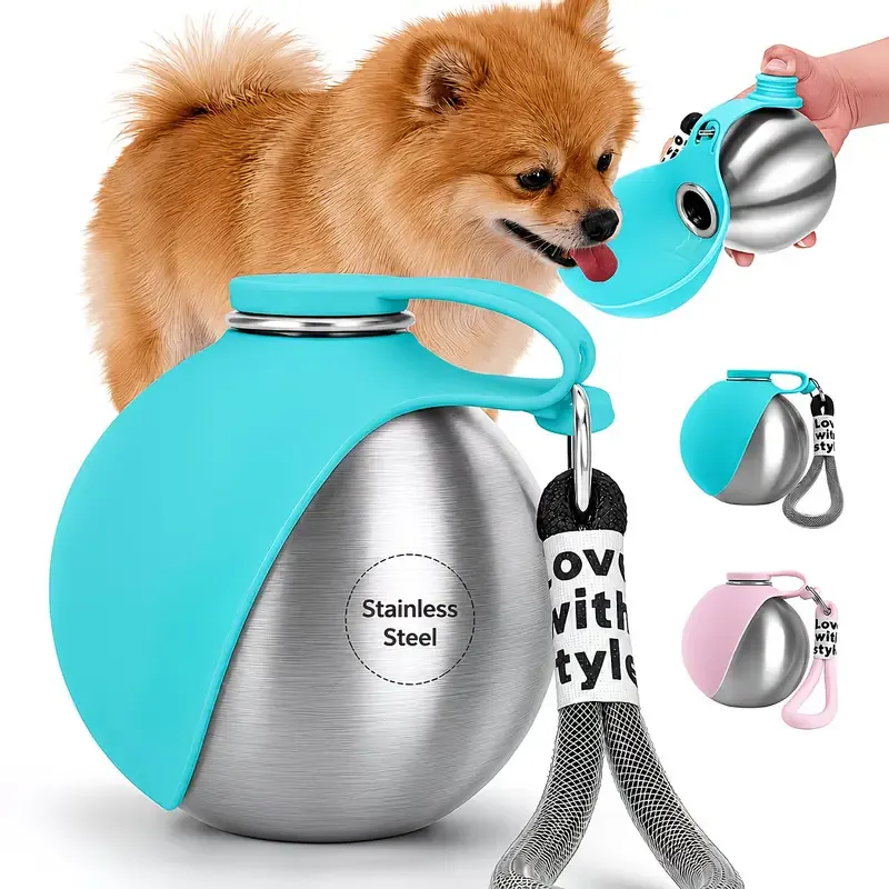 Portable Stainless Steel Cat & Dog Water Bottle, Leak-Proof 2-in-1 with Bowl, One-Press Drink & Feed for Outdoor Walks & Travel, Lightweight & Easy to Carry