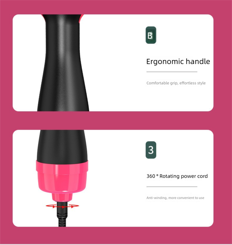 Pink 1000W Professional Hot Air Brush with 3-Temperature & 2-Speed Control – Dual Voltage Hair Styler for Smooth, Voluminous Blowouts — image 4