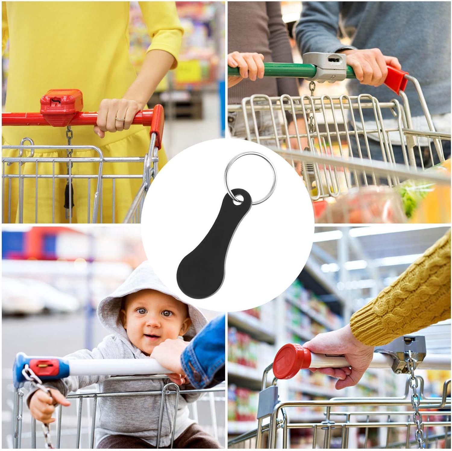 4 Pcs Stainless Steel Shopping Trolley Tokens, Portable Alloy Key Ring Quarter Holder Keychain Shopping Trolley Keyring for Men Women Shopping Cart Grocery — image 4