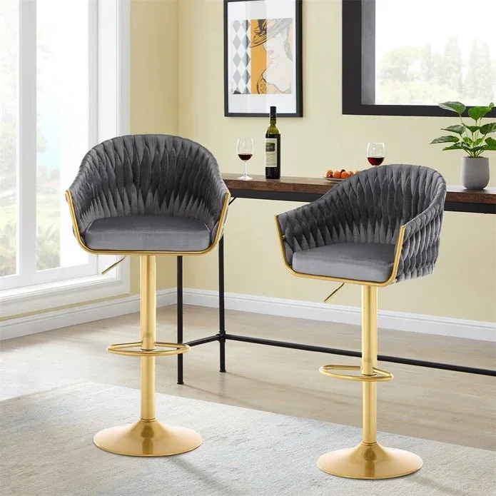 SERENITà GP1863 Modern Velvet Breakfast Bar Stools Swivel Barstools Adjustable Counter Stools with Backrest (Gold-Grey) — image 2