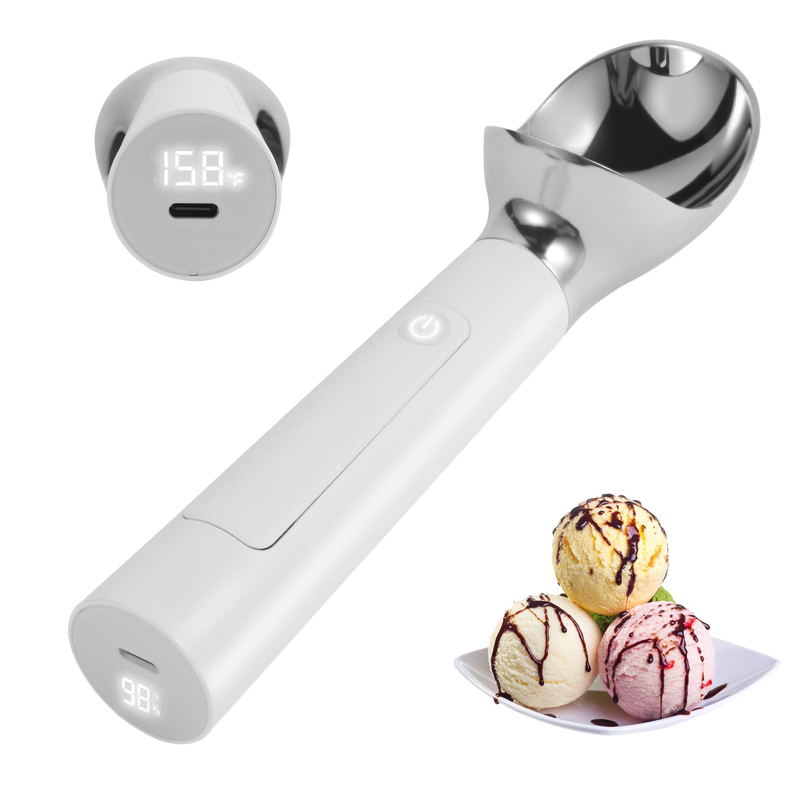 Heated Ice Cream Scoop with LED Display & 3400mAh Battery – Rechargeable, IP67 Waterproof, Instant Heating for Hard Ice Cream, Suitable for Home and Commercial
