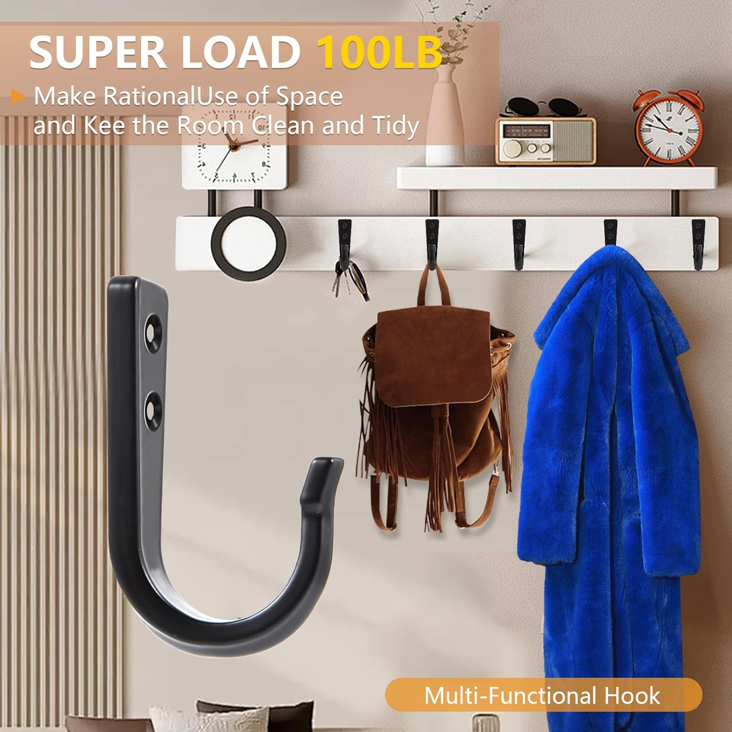 5 Large Size Heavy Duty Wall Hooks, Coat Hooks for Hanging Pans, Backpacks, Coats, Garage Items (Black) โ image 3