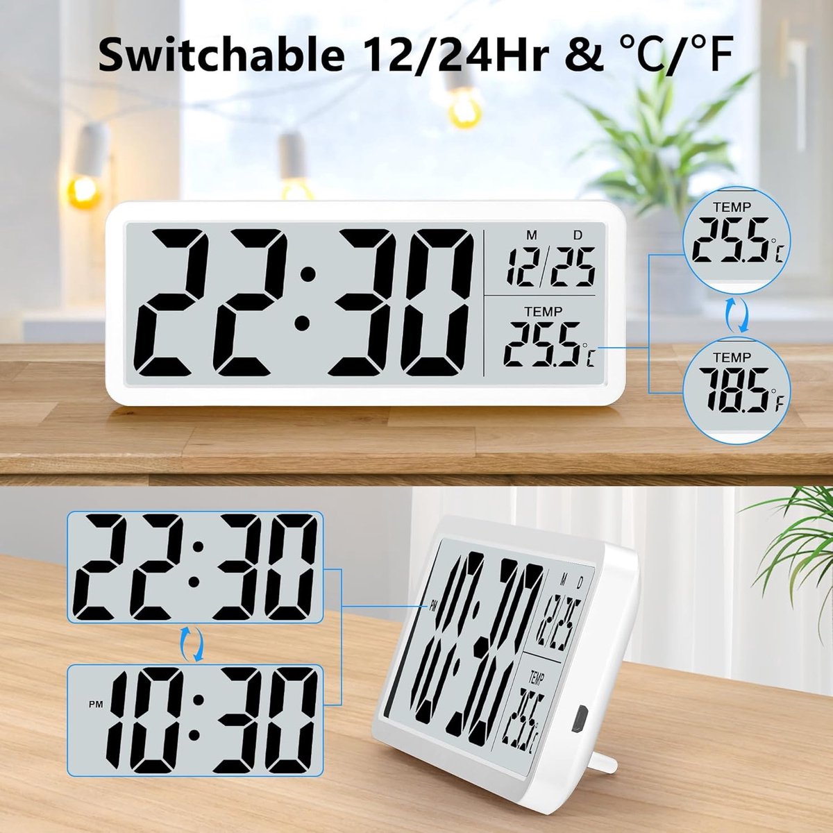 Battery-operated digital wall clock with large numbers, temperature display, 12/24 hour format for office, living room, bedroom, school — image 2