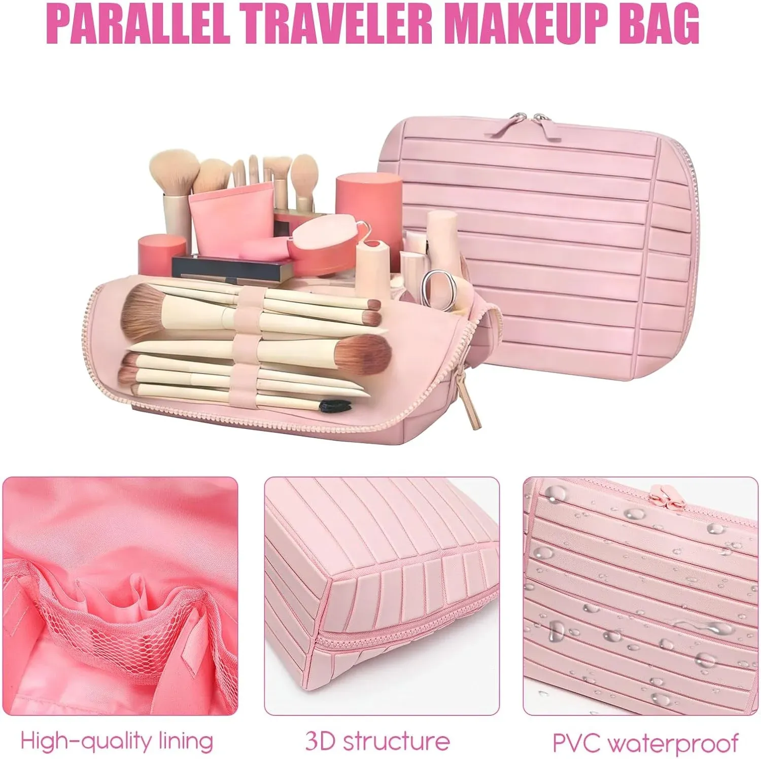 Travel Makeup Bag, Foldable Waterproof Toiletry Organizer for Skincare Cosmetics, Pink 7.8 In — image 4