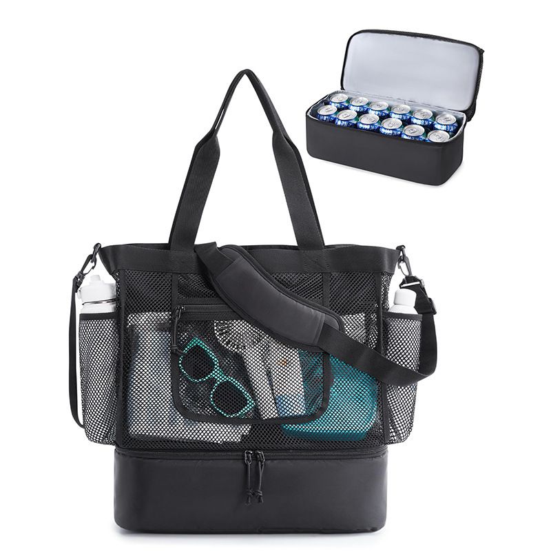 16.5 x 7.9 x 18.9" Black Beach Travel Mesh Tote Bag with 14L Insulated Drink Compartment - Multi Pockets Sandproof Beach Picnic Bag with Picnic Mat Strap, Cup