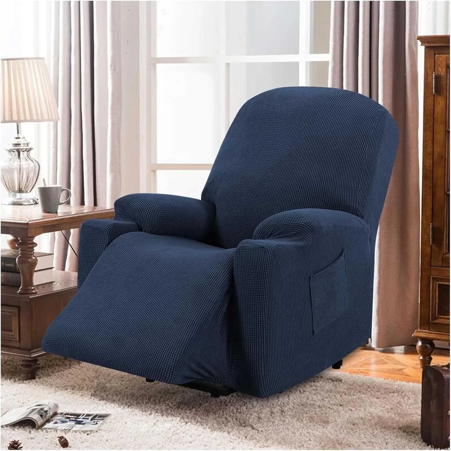 Recliner Slipcover High Stretch Soft Jacquard Fabric with Side Pocket for Standard Power Lift Recliner Chair Navy Blue, Letter F Option โ image 6