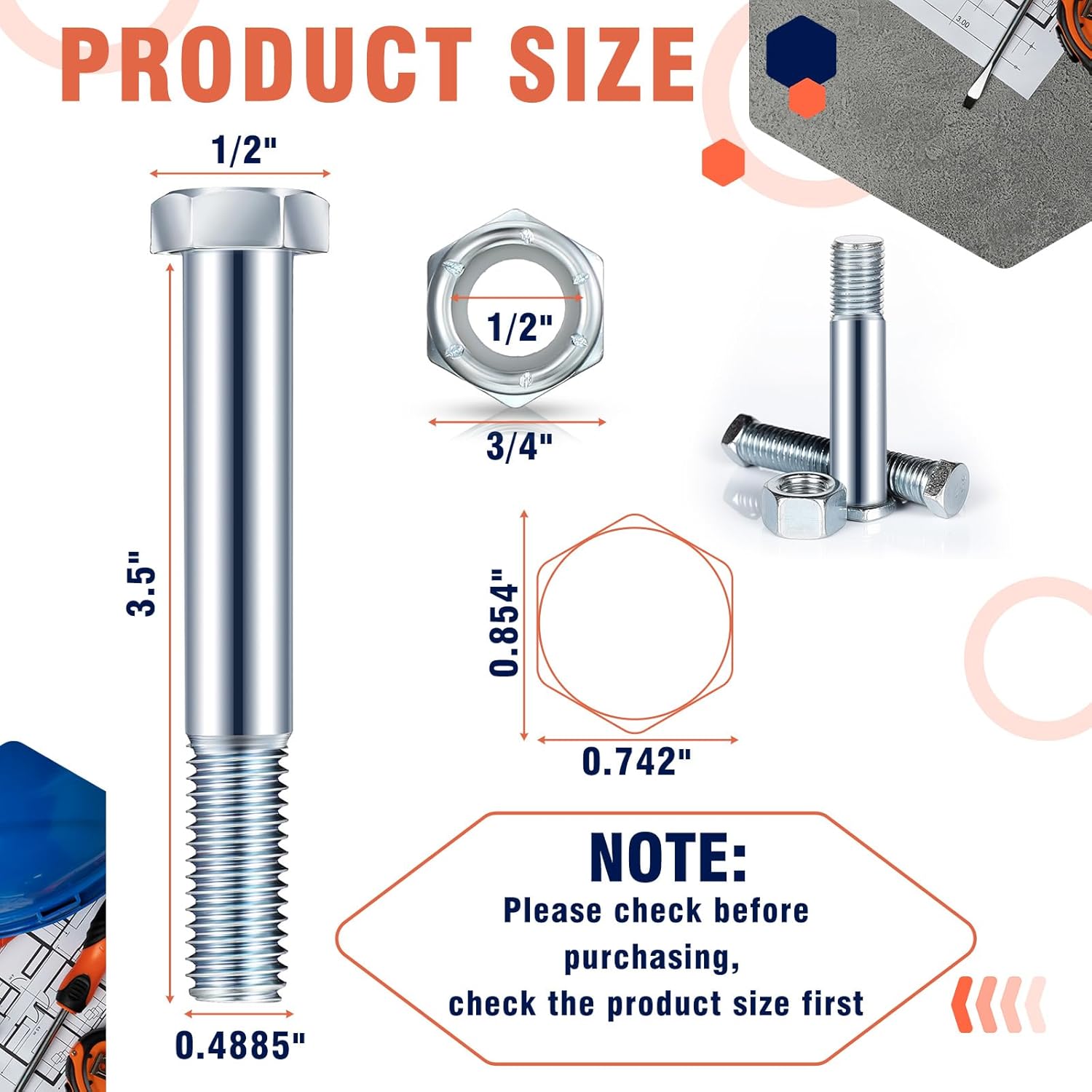 5 Pack Grade 2 Shear Bolts for Rotary Cutters Bolts and Lock Nuts Kit 1/2" x 3-1/2" with Nylock Nuts Fit Brush Cutter Tractor Gearboxes Compatible with Rotary — image 2