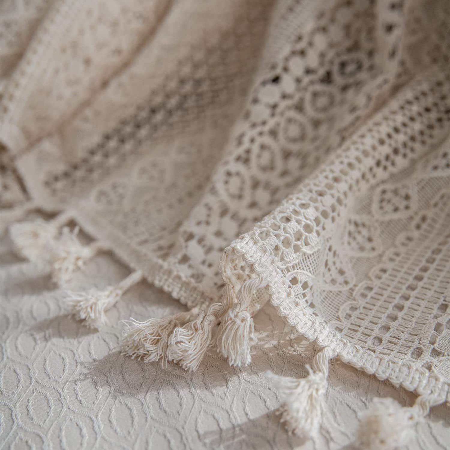 Curtains Crochet Lace Semi-Sheer Bohemian Hollow Knitted Handmade Tassels, Rod Pocket Window Treatment Vintage Rustic Farmhouse — image 3