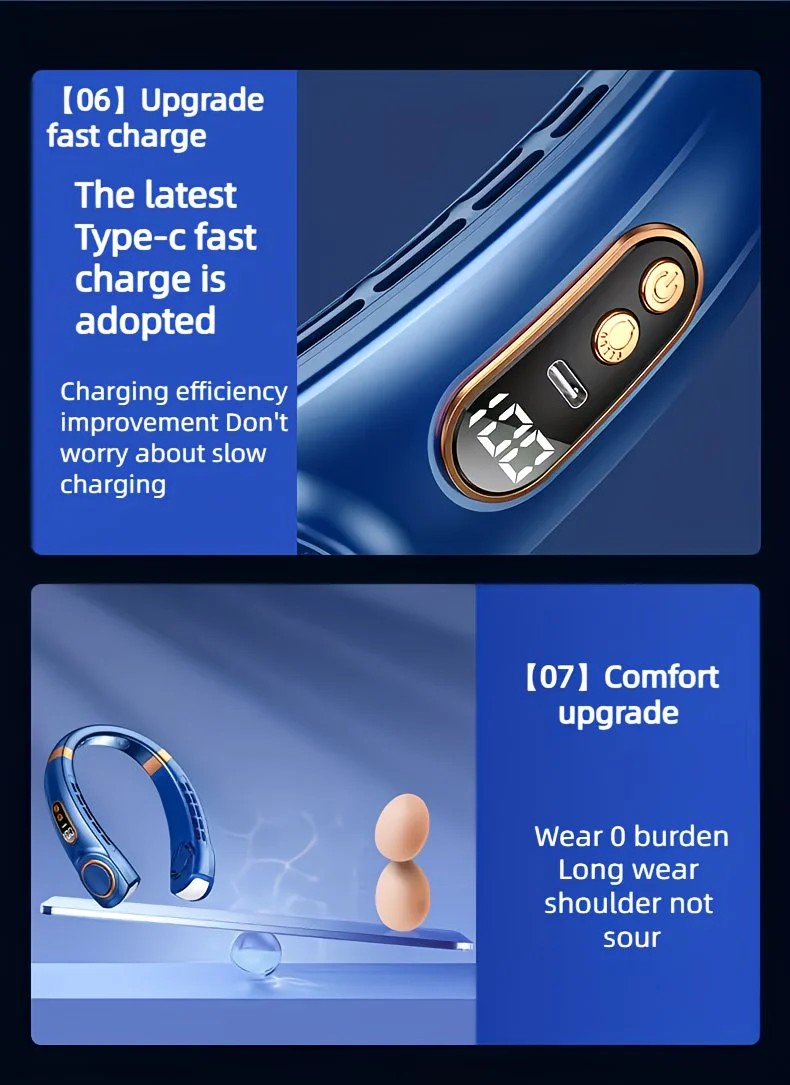 New Neck Hanging Fan Portable Mini USB Fan Personal Cooling Turbine Small Charging Quiet Lazy-Friendly.BLUE — image 6
