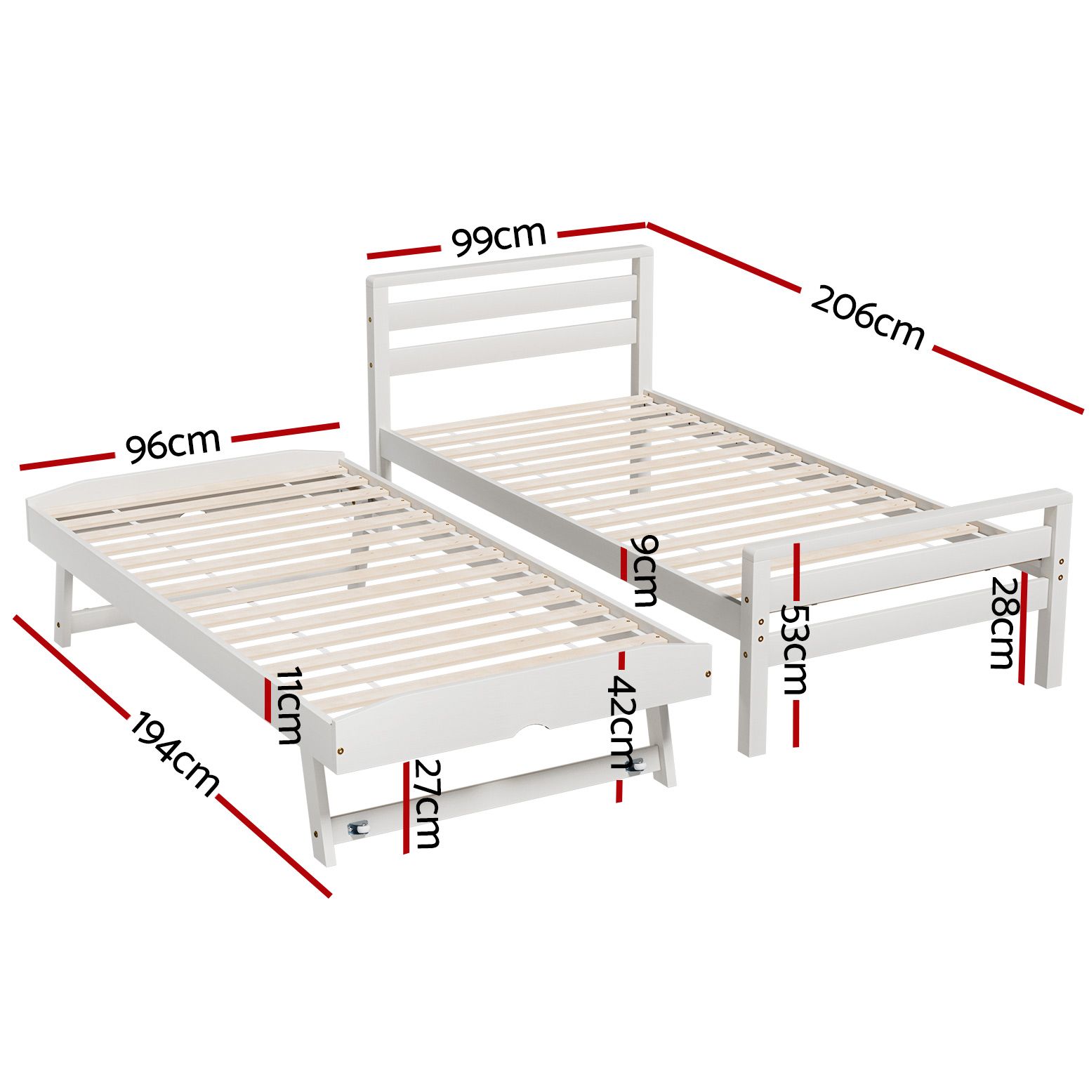 Artiss Bed Frame Single Size 2-in-1 Trundle Wooden White AVIS โ image 2