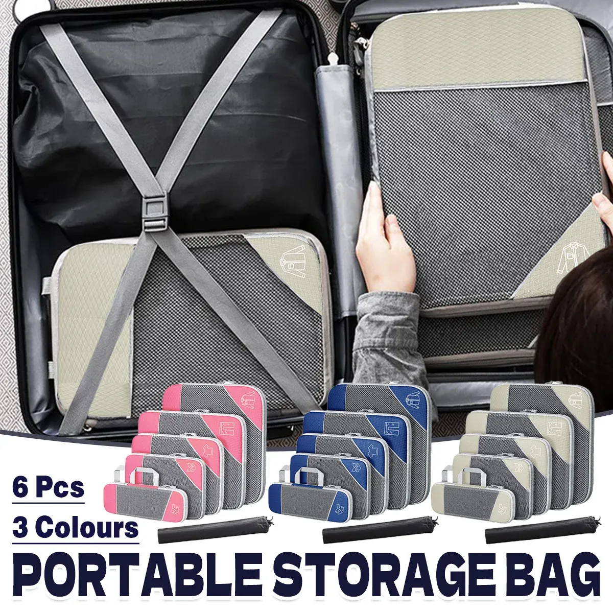6PCS Compression Packing Cubes Expandable Luggage Storage Bag Travel Packing Bag - Pink — image 2