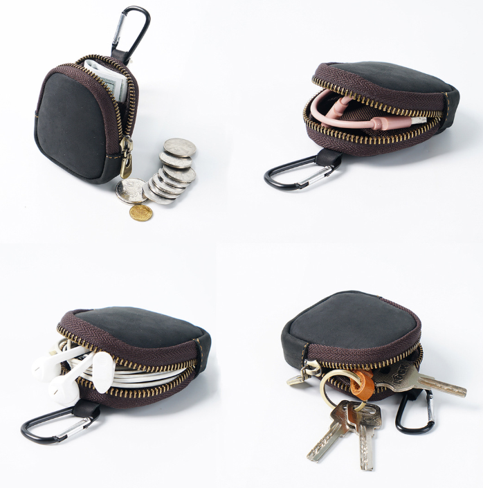 Blue Genuine Crazy Horse Leather Mini Coin Purse Zipper Shell Pouch Small Earphone Case Key Holder with Carabiner Clip 8.5cm for Travel — image 3