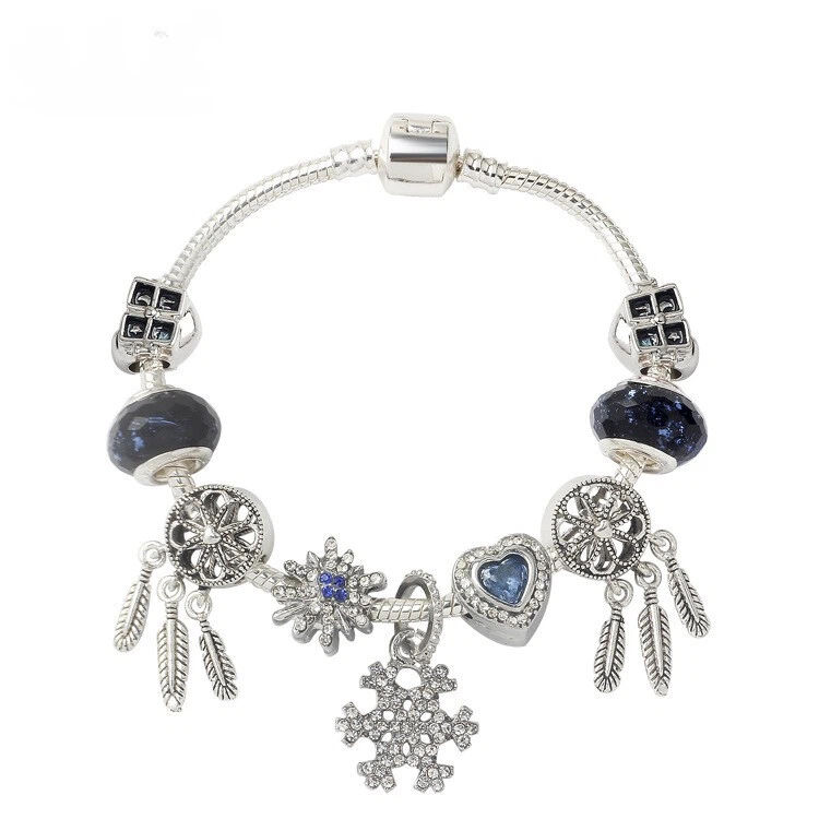 Pandora-Style Rhinestone Blue Cat’s Eye Heart Bracelet: Glass Beads, Dreamcatcher Feather Snowflake(17cm)