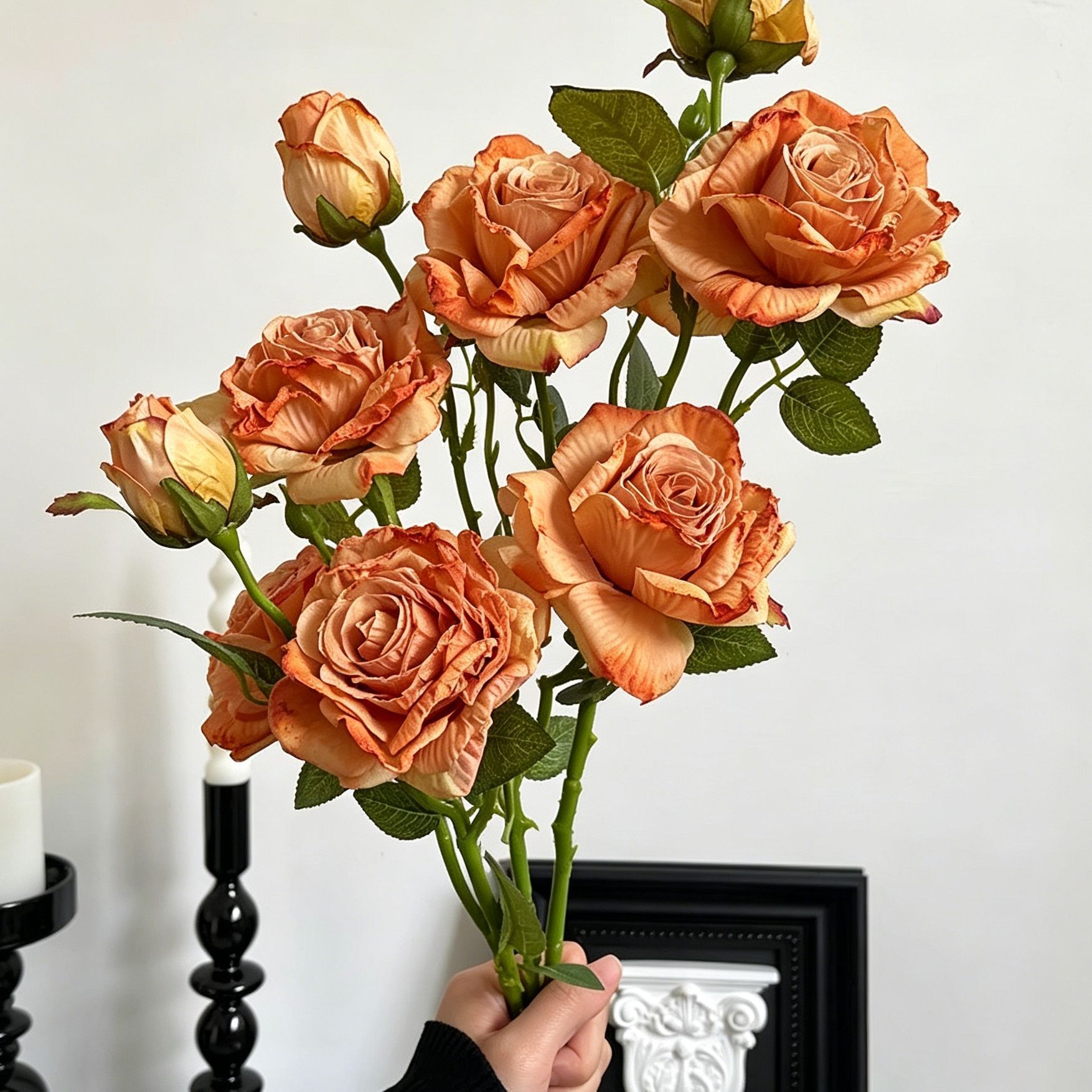 Vintage Burnt Edge Artificial Rose, Orange Warm Decor, 5 Pack — image 3