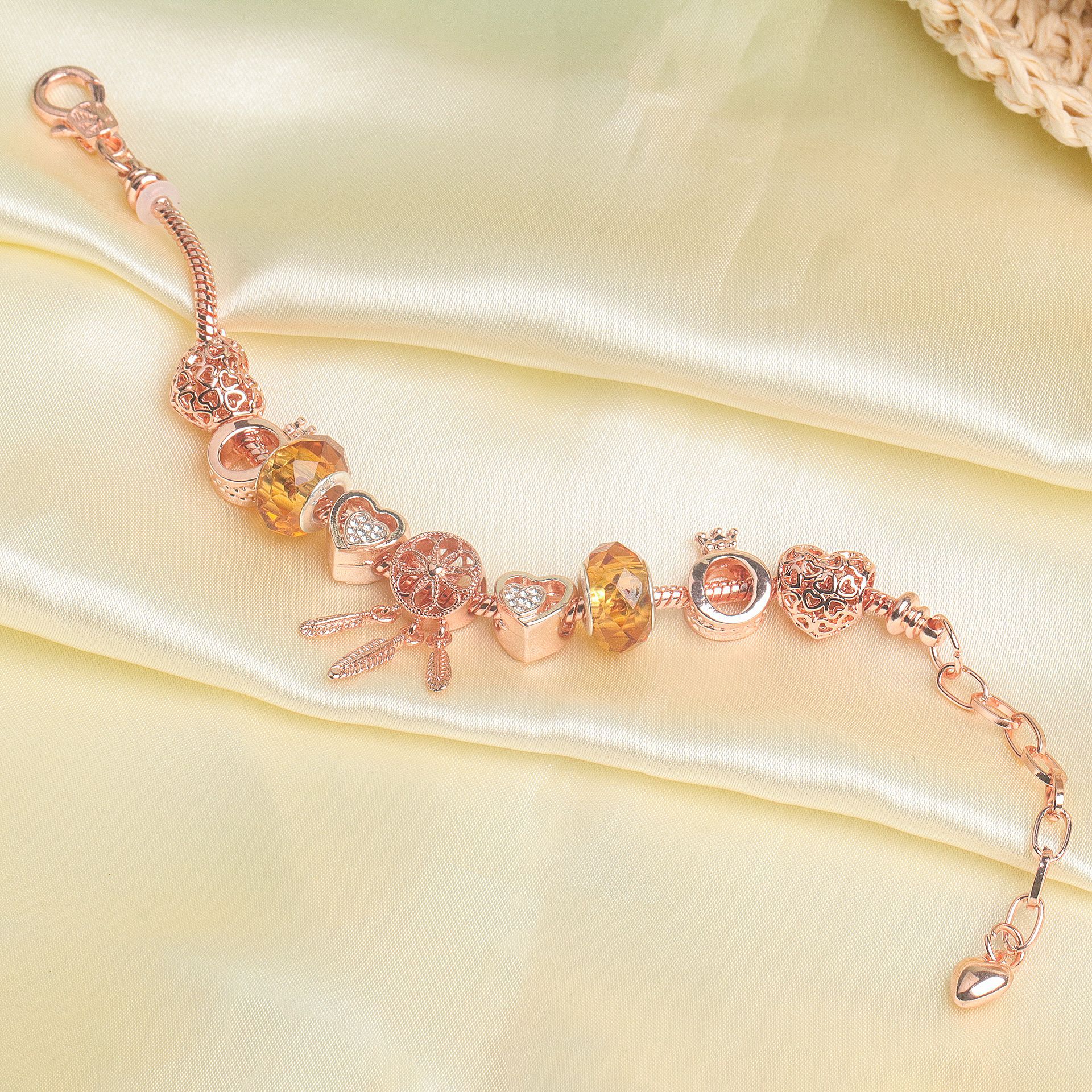 Rose Gold Plated Charm Bracelet with Zircon, Hollow Heart, Flower, Crown & Glass Beads(19cm) โ image 3