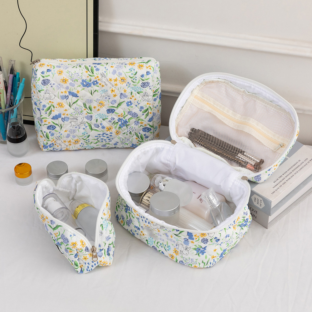3SET Quilted Floral Makeup Bag Collection Cute Rabbit Pattern Cosmetic Pouch &Travel Toiletry Organizer & Pencil Case for School and Home — image 5
