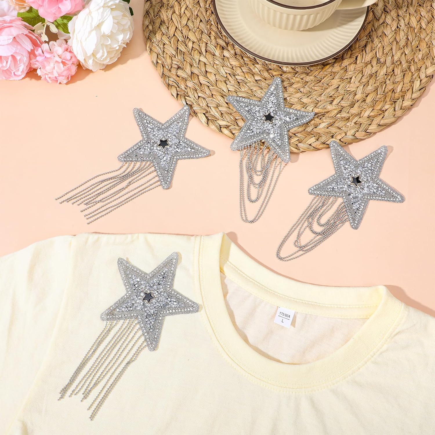 6PCS Rhinestone Star Iron on Patches, Shiny Silver Rhinestone Tassel Star with Chains Glitter Sequin Patches for Trucker Hats Jeans Bags Backpacks Jackets — image 6