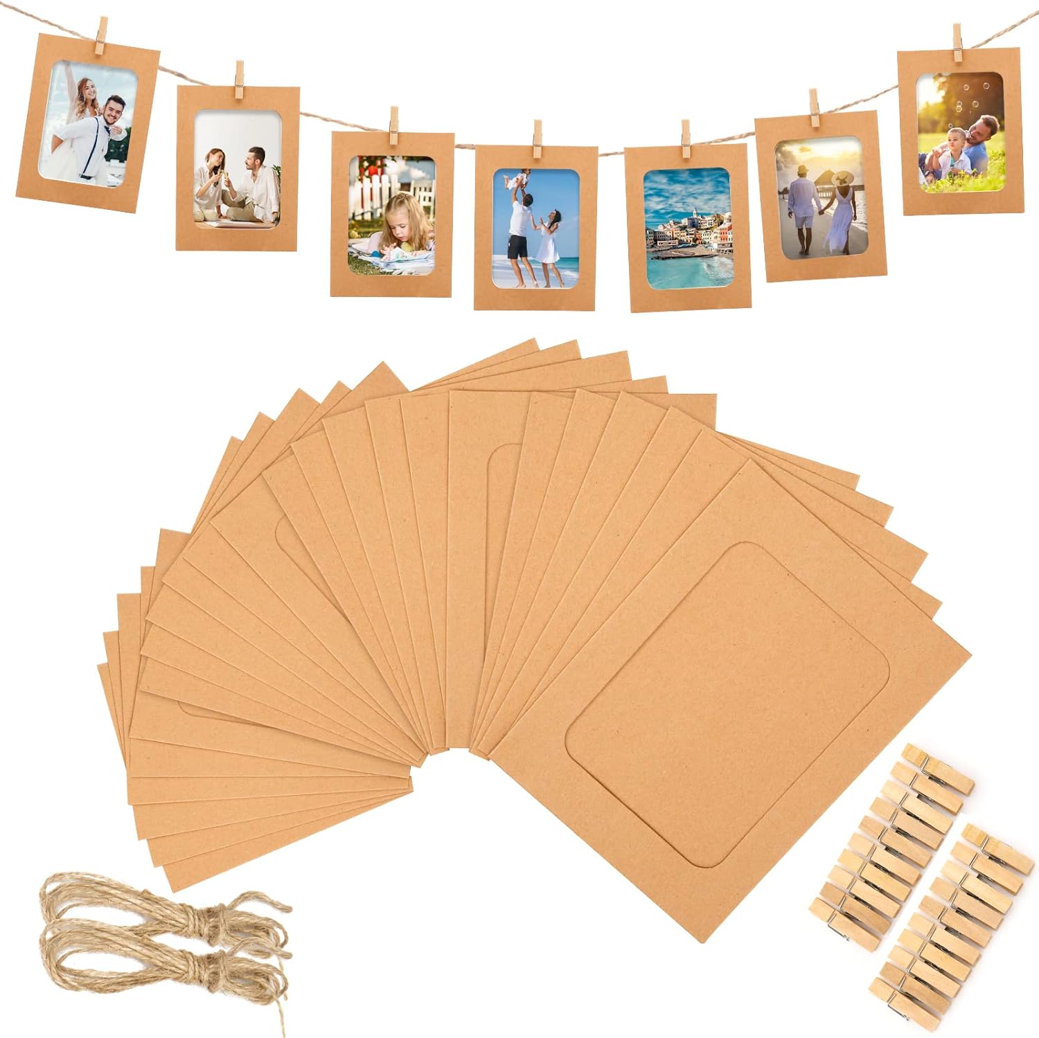 30Pcs Brown Paper Picture Frames, 4x6 inch Cardboard Photo Frames with Wooden Clips and String, DIY Picture Frames for Kids Artwork, Bedroom, Classroom Wall