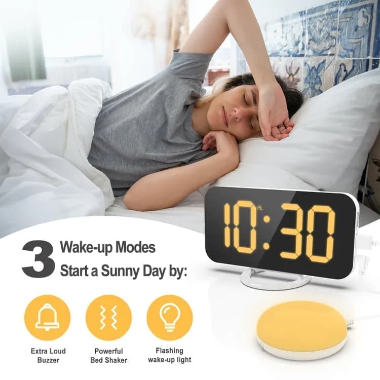 Digital Alarm Clock with Bed Shaker for Heavy Sleepers, LED Mirror Display, Compatible with Philips, Yellow — image 4