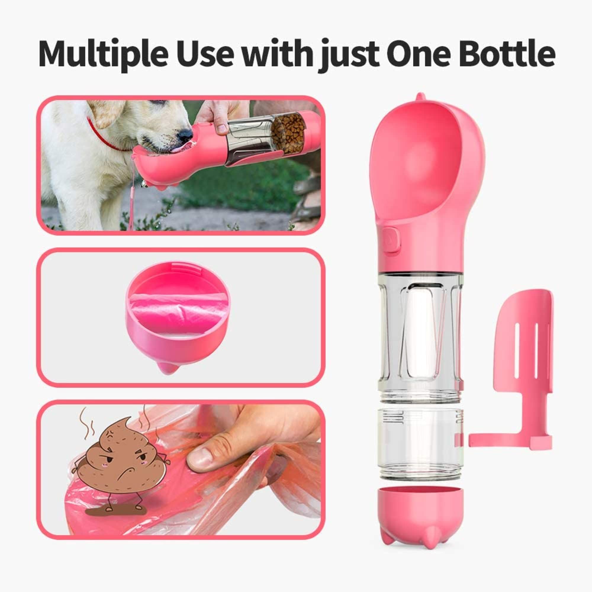 Portable 4in1 Dog Water Bottle with Food Storage, Poop Bag Dispenser and Scoop Size-300ml, Colour-Pink — image 3