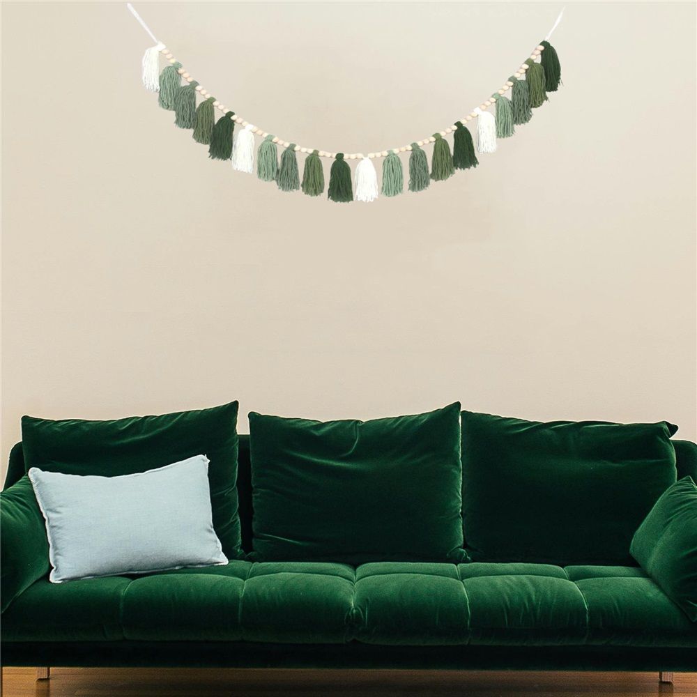 Green Tassel Wall Hanging Decor Forest Woodland Tassel Banner with Beads for Nursery Classroom Office Birthday Party Kids Room Baby Shower Decoration — image 3