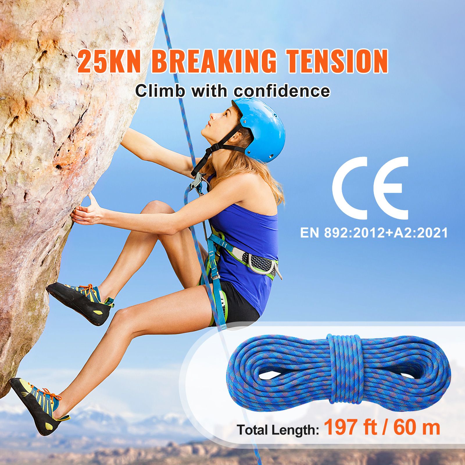 10.2mm Dynamic Climbing Rope, 60M(197ft) Outdoor Rock Climbing Rope 25KN Breaking Tension, Stretchable Fiber Rope with Steel Snap Hooks for Escape, Rappelling โ image 2