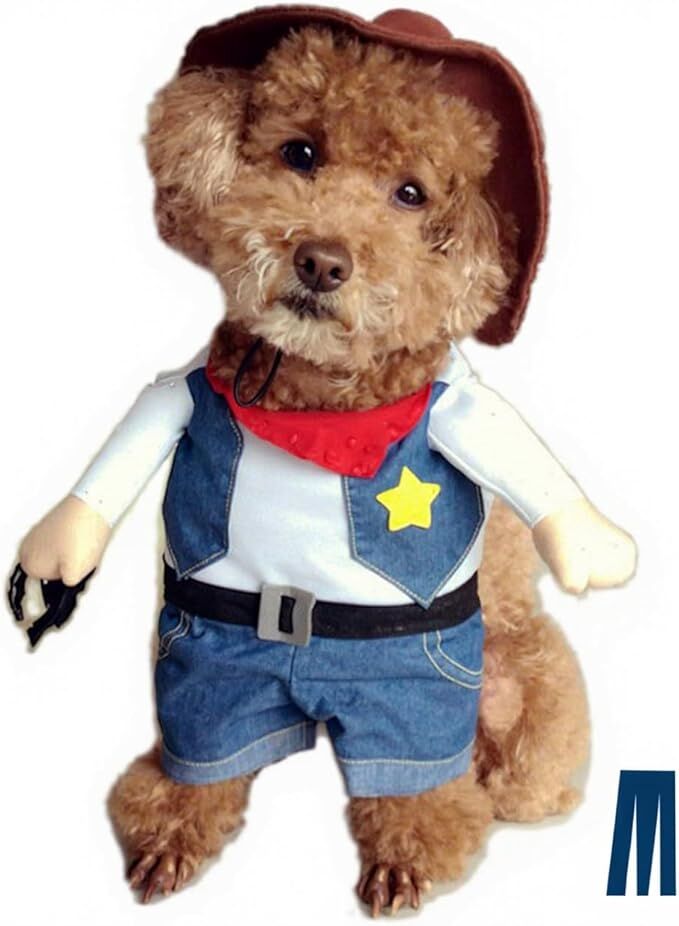 pet products Small Dog Cowboy Costume with Hat 2pcs Funny Halloween Chucky Costumes Cool West Cowboy Uniform Puppy Denim Overalls Western Cosplay โ image 2