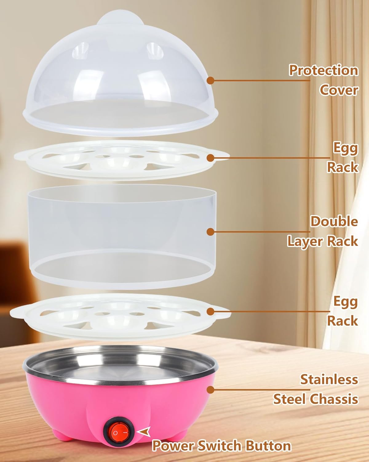 Electric Egg Cooker 14 Egg Capacity Double Layer with Timer Automatic Shut-Off 350W Multifunctional for Steaming Eggs Heating Milk Food Yellow — image 2