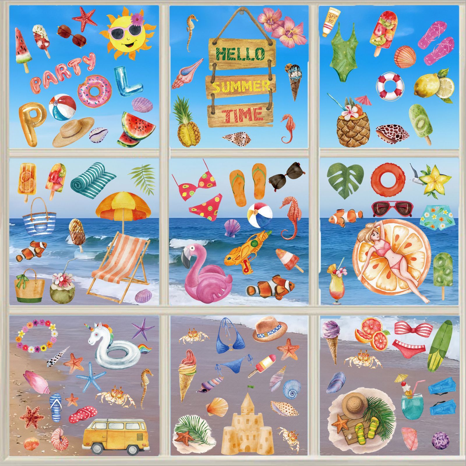 126 Pieces Summer Window Clings Stickers Hawaiian Window Decal with Sun Beach Drinks for Wall Glass Refrigerator Car ,8 Sheets — image 2