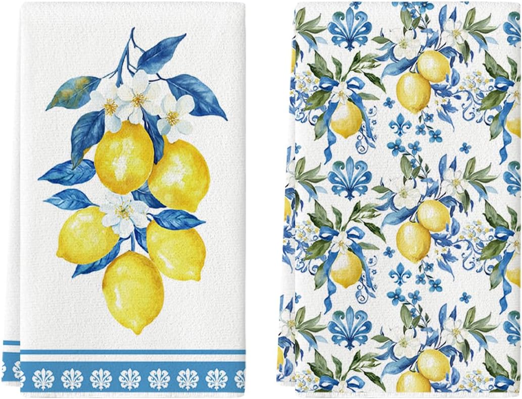 Lemon Flowers Floral Summer Kitchen Towels Dish Towels, 18 × 26 Inch Seasonal Decoration Hand Towels Set of 2