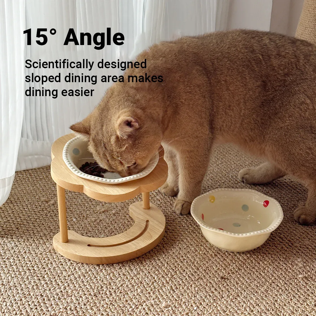 Ceramic Pet Food Bowl with Wooden Base Non Slip for Cats Small Dogs Easy Clean — image 5