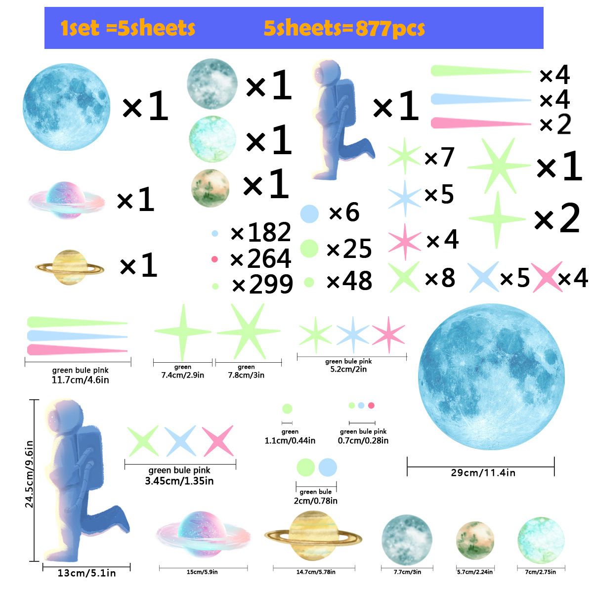 Watercolor Solar System Wall Decals, Glow in The Dark Stars, Kids Planets Sticker for Ceiling, Astronaut Wall Stickers for Bedroom — image 5