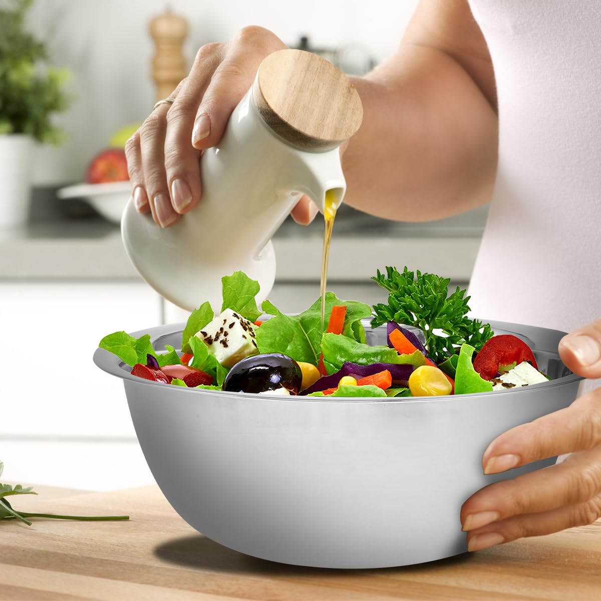5-Piece Stainless Steel Mixing Bowl Set for Baking, Salad, Dough & Food Prep – Nesting Design with Measurement Marks and Durable Finish (Silver) — image 5