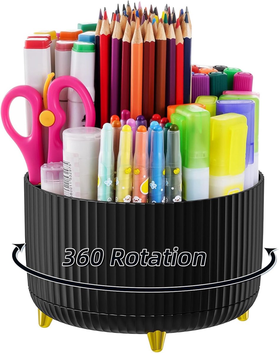 Desk storage box - 360-degree rotating office storage box - Pen holder - 5 pen sorting compartments - Space-saving desk storage box - Black - 15 × 12.5 cm