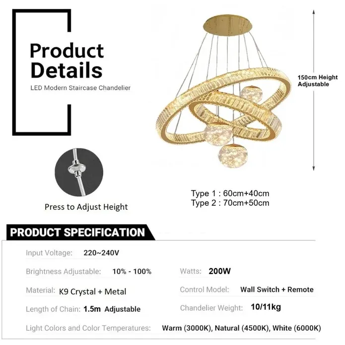 BAMDECOR C3335 Large Swirl Modern Crystal Ring Chandeliers Contemporary Round Chandelier Crystal Pendant Light(Gold-Two Rings) — image 5