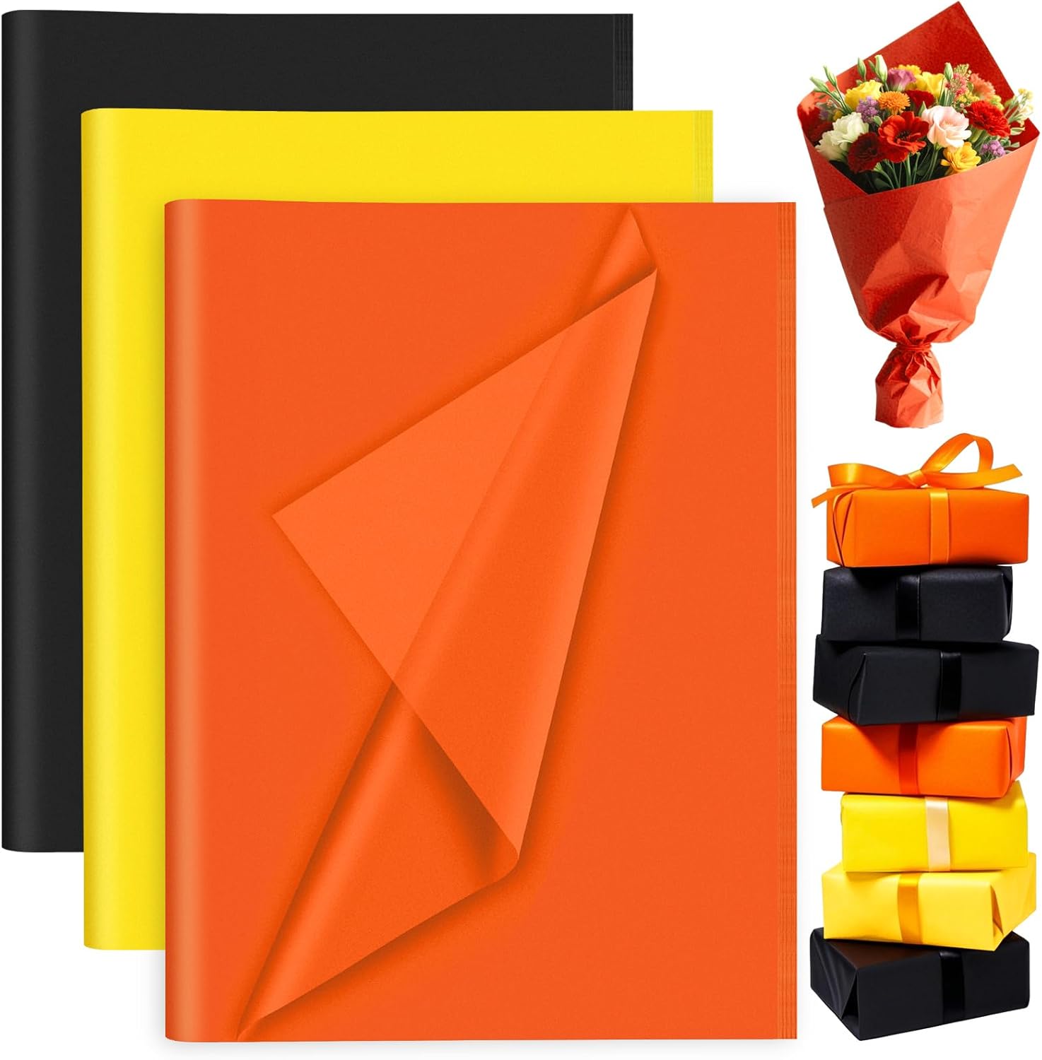 Petluno 60 Sheets Black Orange Yellow Tissue Paper Bulk, Gift Wrap for Packaging Birthday Wrapping Wedding Construction Party Decorations Black, Orange