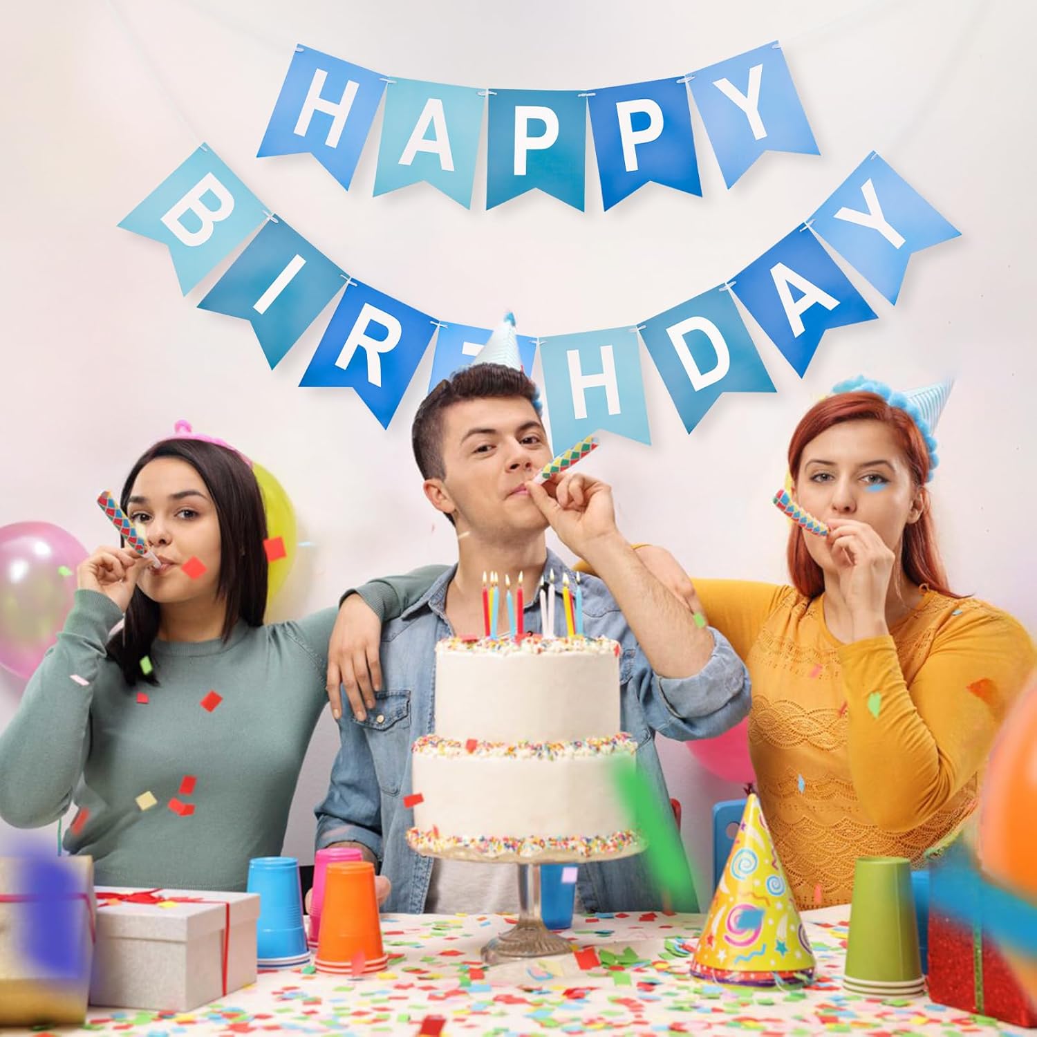 Happy Birthday Banner Large - NO DIY Blue Happy Birthdays Banner Sign Happy Birthday Party Paper Hang Decoration Happy Birthdays Banners Bunting for Men Boy โ image 6