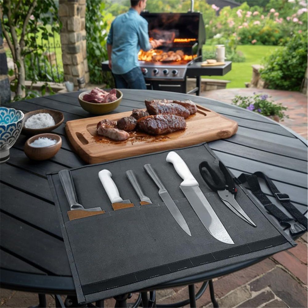 Chef’s Knife Roll Case, Waxed Canvas Cutlery Knives Holders Protectors, Home Kitchen Cooking Tools And Utensils Wrap Bag Wallet — image 3