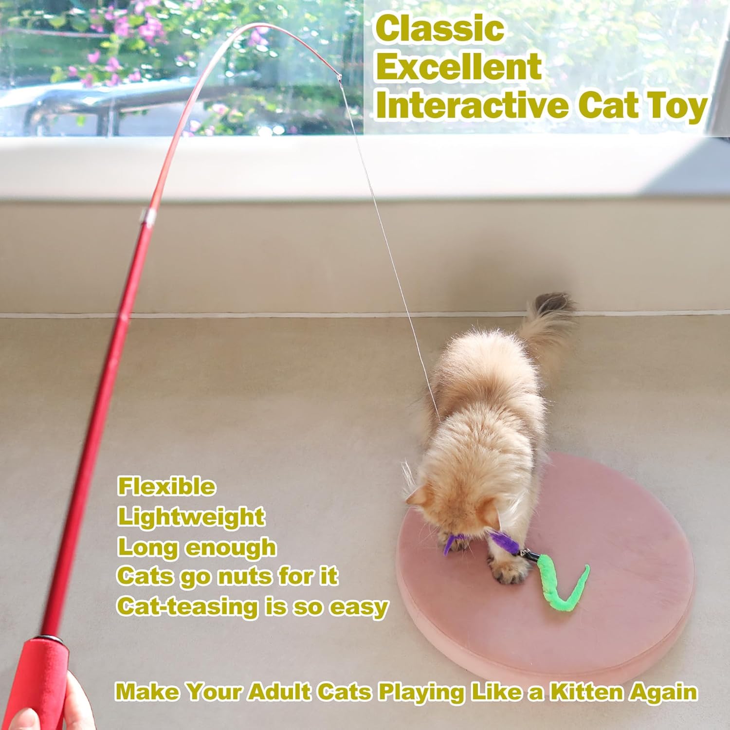 Huidcom Cat Feather Toy Retractable Cat Toys Wand with 2 Wands & 9 Assorted Teaser Refills Interactive Feather Teaser Wand Toy with Bell for Kitten Or Cat — image 2