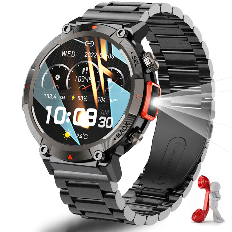 Black-red Steel Belts Outdoor Smartwatch with 1.45-Inch HD Round Screen and Flashlight — image 2