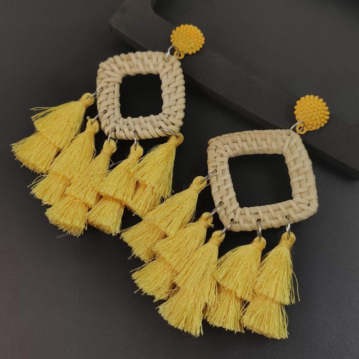 Rattan Tassel Earrings for Women Bohemian Statement Handmade Woven Drop Dangle Earrings don't burden your ears when worn — image 5