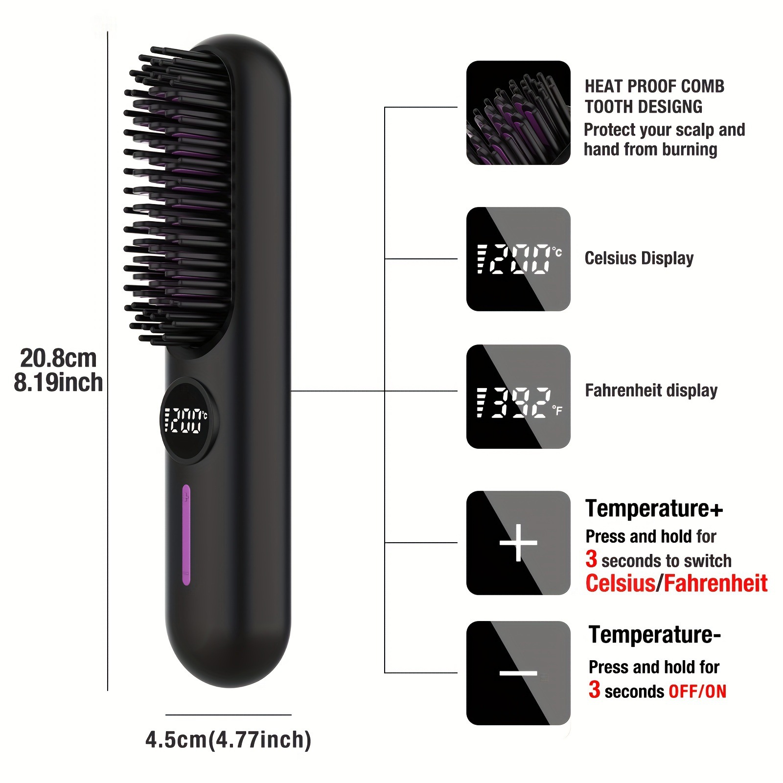 S01 Black Cordless Hair Straightener Brush - 2-in-1 Curling & Straightening Tool with LED Power Display and 7-Level Temp Control, Mini Quick Heat โ image 2