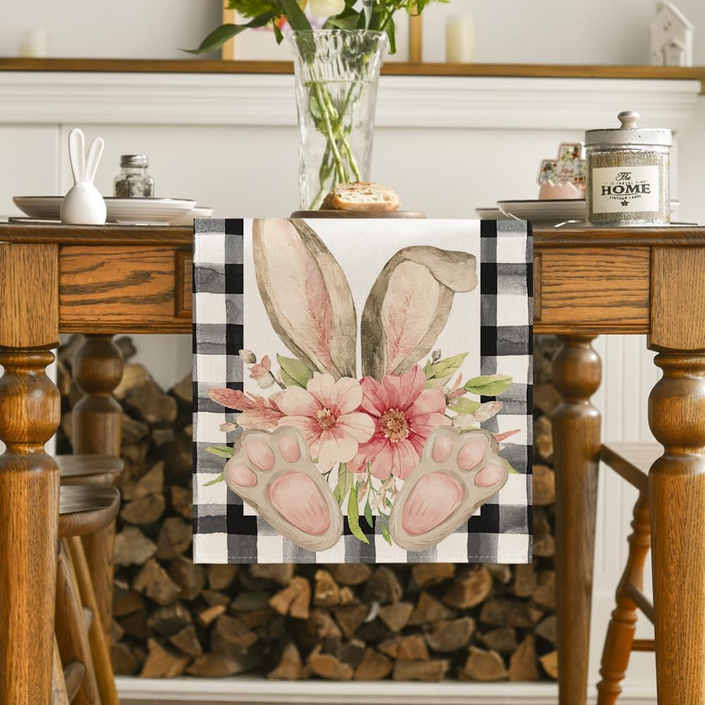 Buffalo Plaid Bunny Ear Foot Flower Easter Table Runner, Seasonal Spring Kitchen Dining Table Decoration for Home Party Decor 13 × 72 Inch — image 2
